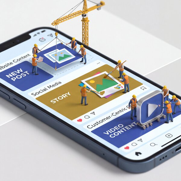 Miniaturfiguren von Bauarbeitern mit Kran auf einem Smartphone-Display, das Social-Media-Beiträge zeigt