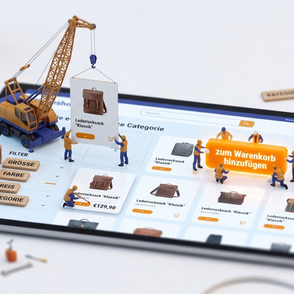 Miniatur-Bauarbeiter mit Kran und Gabelstapler auf einem Tablet mit Online-Shop-Ansicht