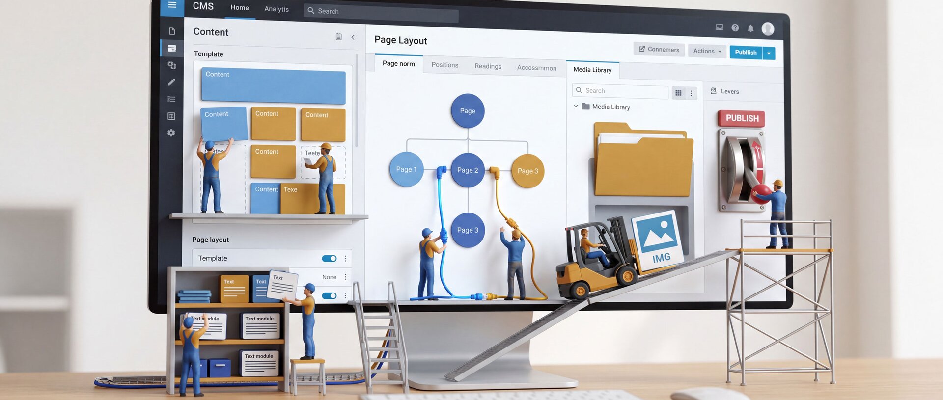 Miniatur-Arbeiterfiguren bauen an einem Computerbildschirm mit CMS-Oberfläche, Gabelstapler transportiert Dateien