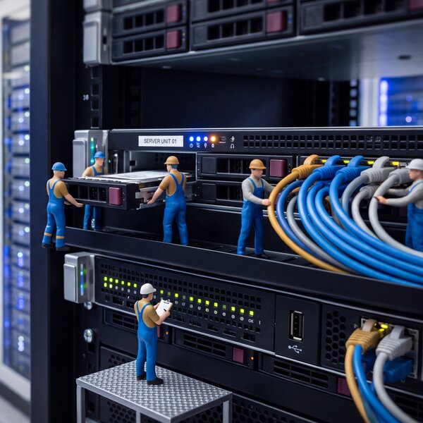 Miniaturarbeiter in blauer Arbeitskleidung warten Server-Hardware in einem Rechenzentrum mit blau beleuchteten Racks