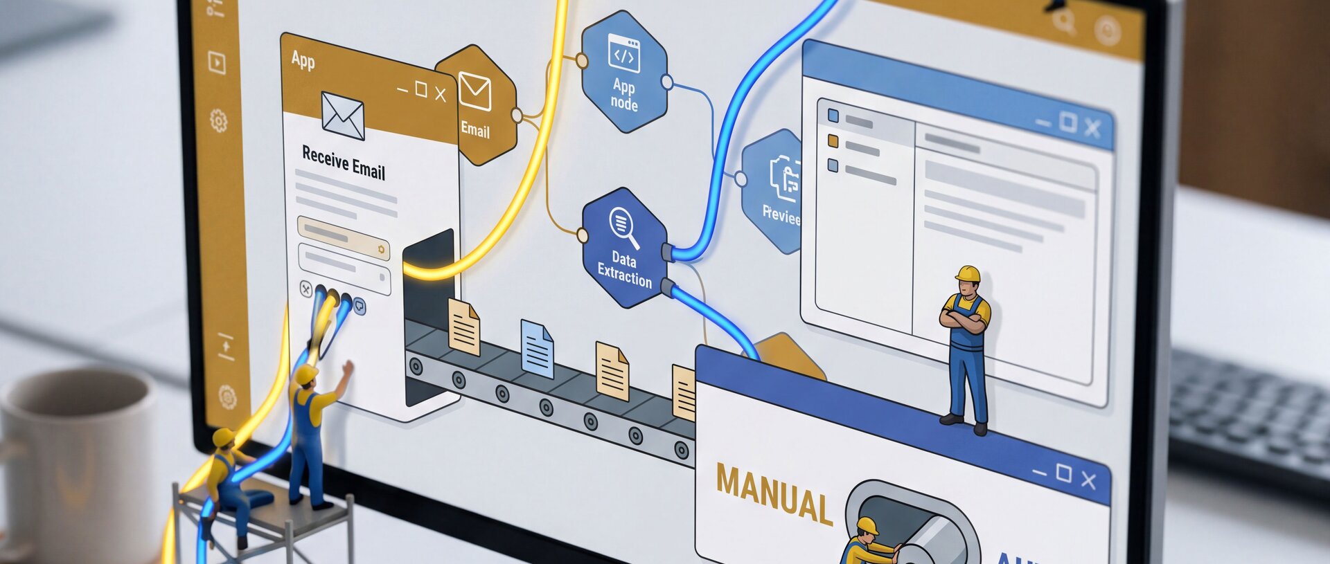 Miniatur-Arbeiterfiguren verlegen Kabel an einem Bildschirm, der einen Workflow-Automation-Prozess zeigt, daneben steht ein kleiner Roboter.