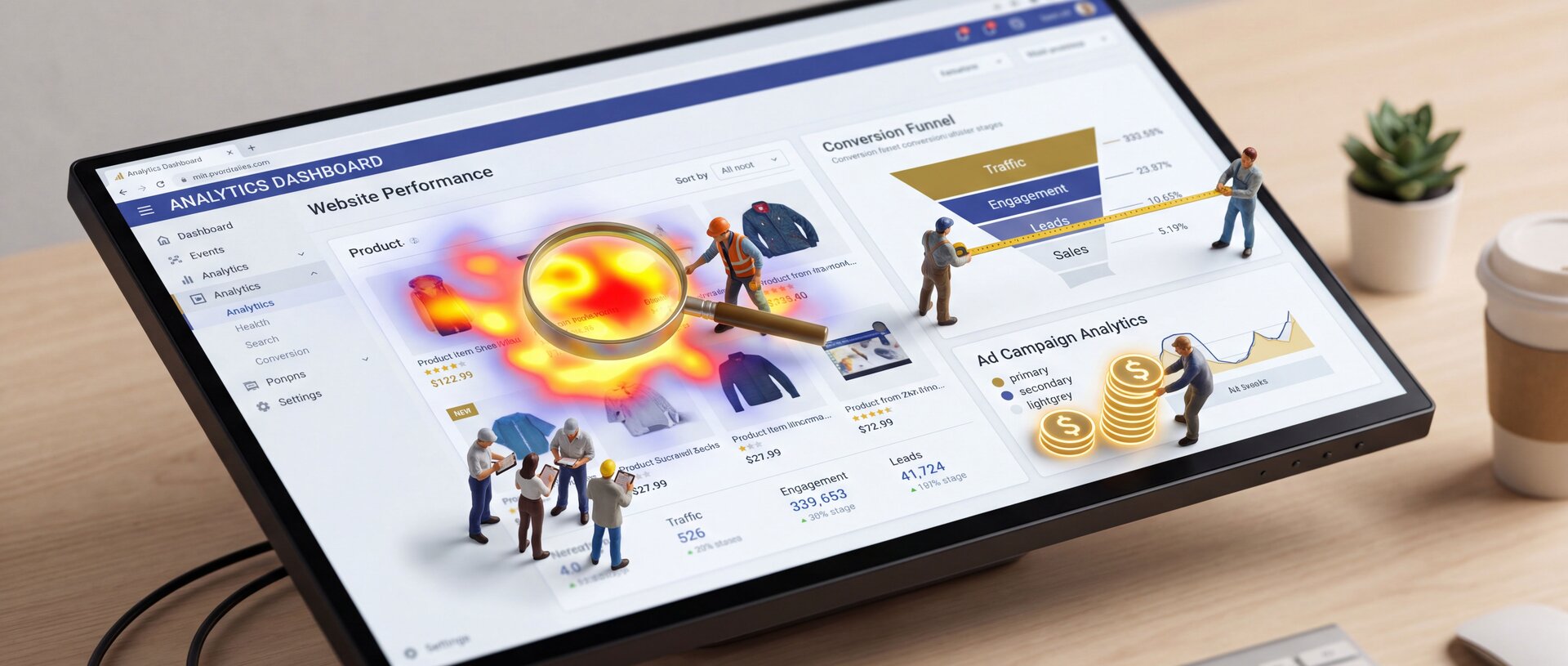 Monitor mit Analytics-Dashboard, darauf eine Heatmap in Rot und Gelb sowie Miniaturfiguren von Personen, die Daten analysieren