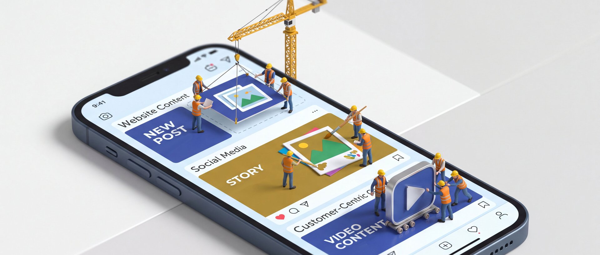 Miniaturfiguren von Bauarbeitern mit Kran auf einem Smartphone-Display, das Social-Media-Beiträge zeigt