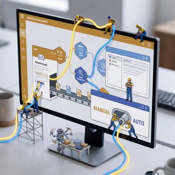Miniatur-Arbeiterfiguren verlegen Kabel an einem Bildschirm, der einen Workflow-Automation-Prozess zeigt, daneben steht ein kleiner Roboter.