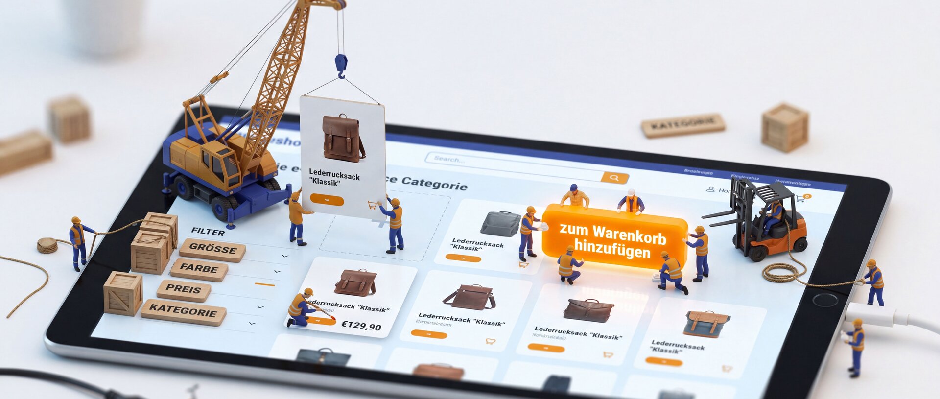Miniatur-Bauarbeiter mit Kran und Gabelstapler auf einem Tablet mit Online-Shop-Ansicht