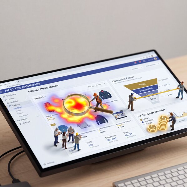 Monitor mit Analytics-Dashboard, darauf eine Heatmap in Rot und Gelb sowie Miniaturfiguren von Personen, die Daten analysieren