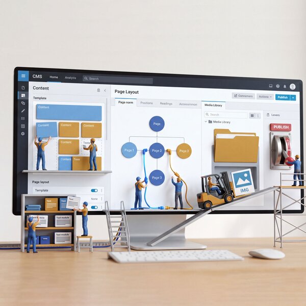 Miniatur-Arbeiterfiguren bauen an einem Computerbildschirm mit CMS-Oberfläche, Gabelstapler transportiert Dateien