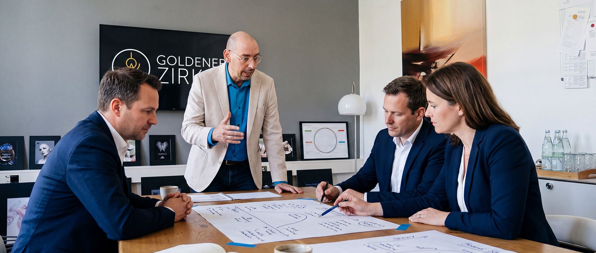 Vier Personen arbeiten gemeinsam an einem Workshop-Tisch mit beschrifteten Plakaten und Notizen.