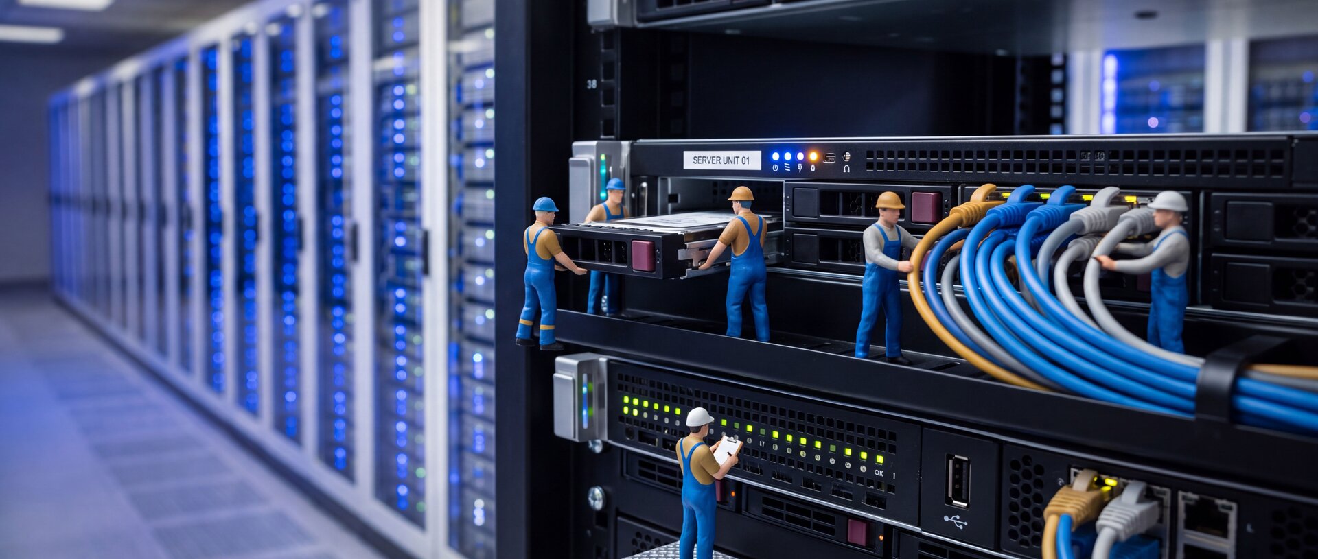 Miniaturarbeiter in blauer Arbeitskleidung warten Server-Hardware in einem Rechenzentrum mit blau beleuchteten Racks